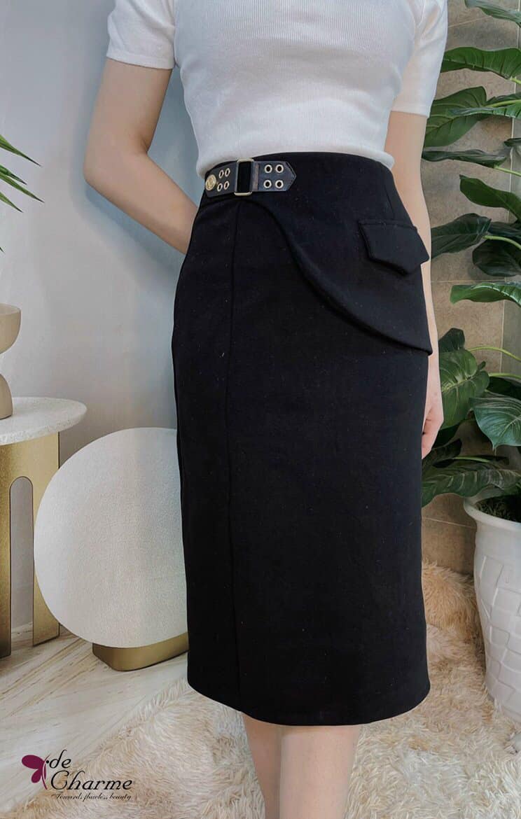 CHân váy dạ cạp lật phối đai - Đen - S