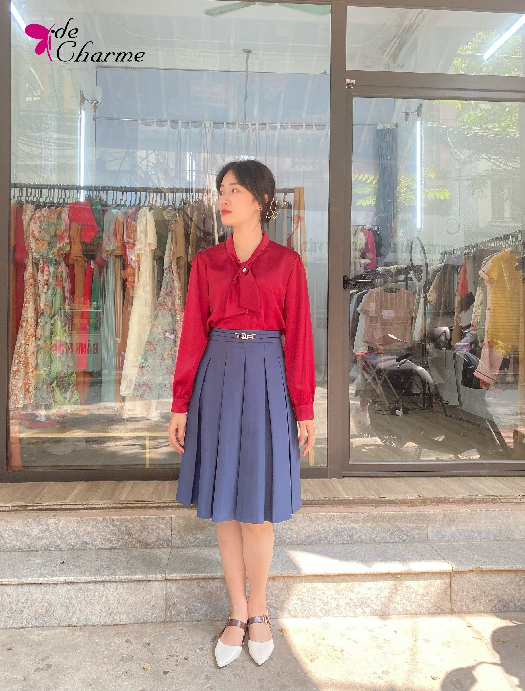 Sơ mi lụa cổ nơ cài - Đỏ - Free size