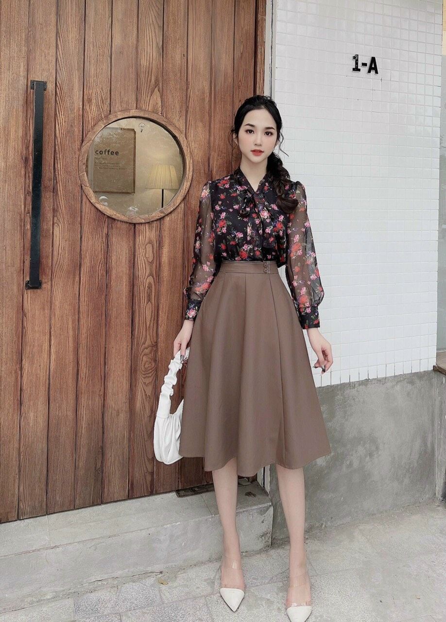 Sơ mi voan tơ cổ buộc nơ - Đen - S
