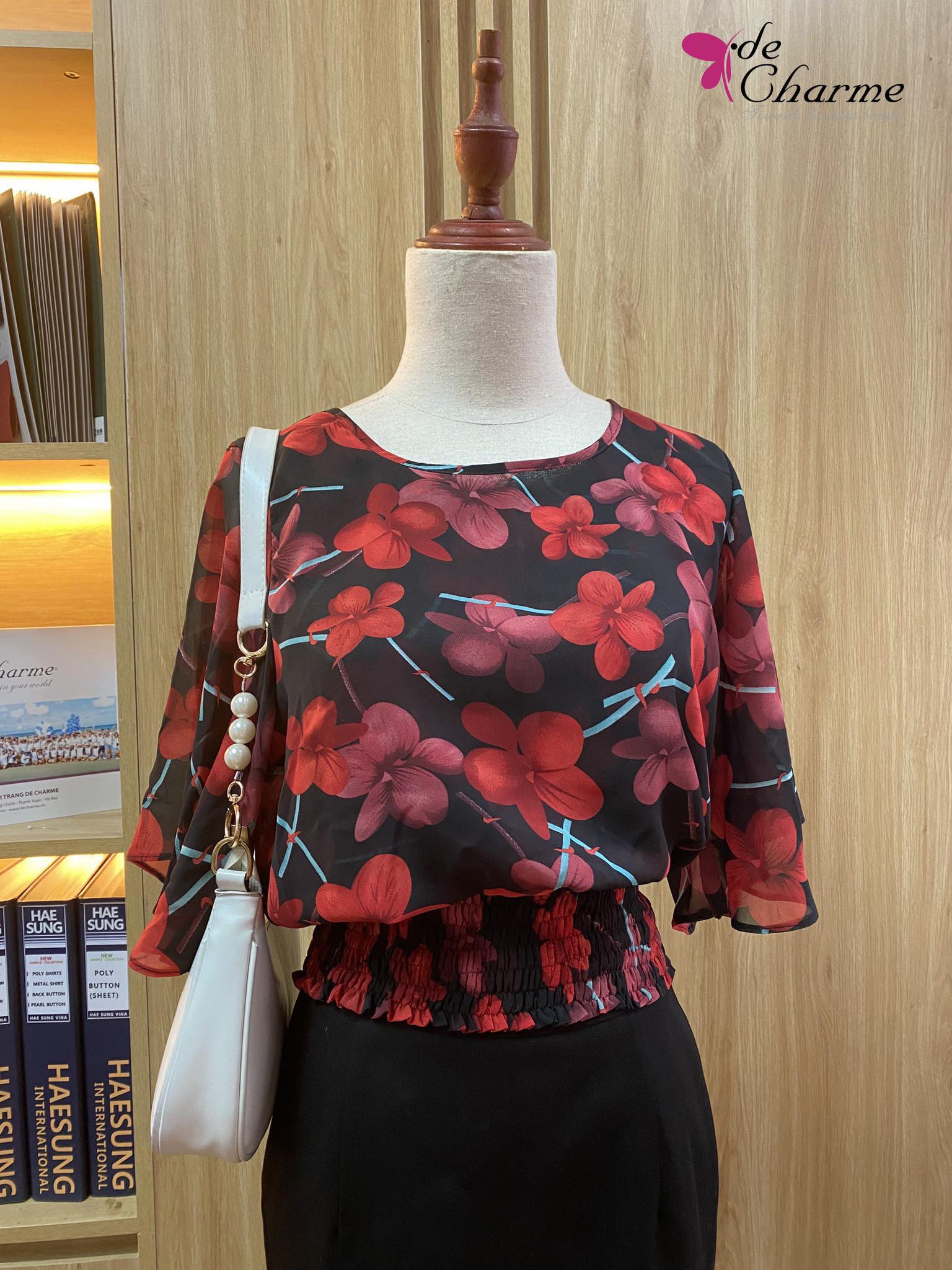 Sơ mi họa tiết chun eo tay loe - Đỏ - Free size