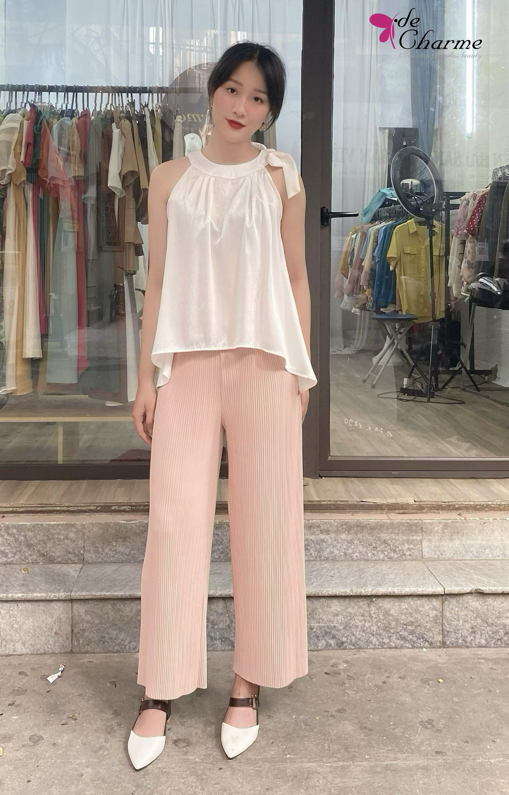 Áo yếm cổ thắt nơ - Trắng - Free size