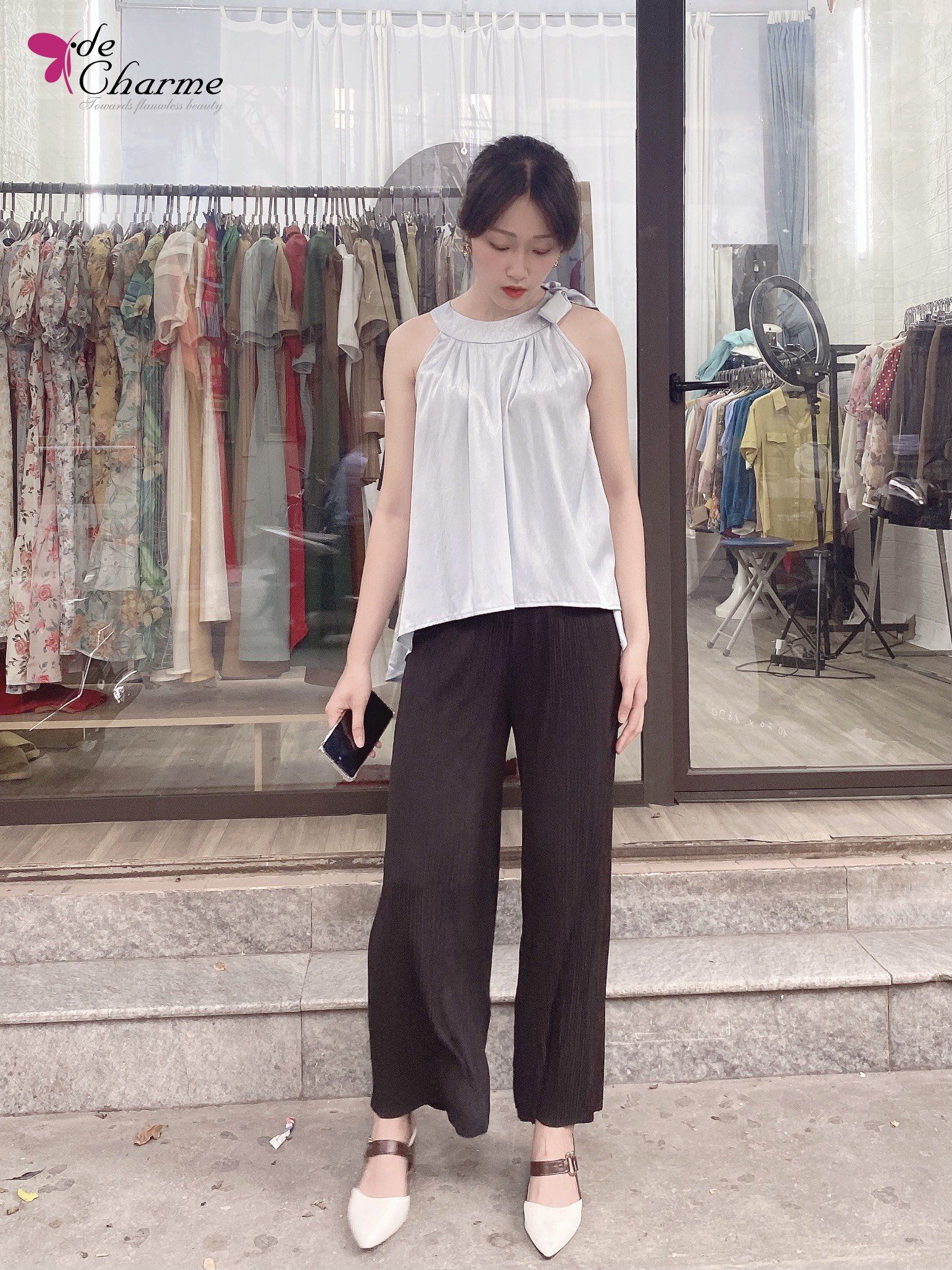 Áo yếm cổ thắt nơ - Xanh da trời - Free size