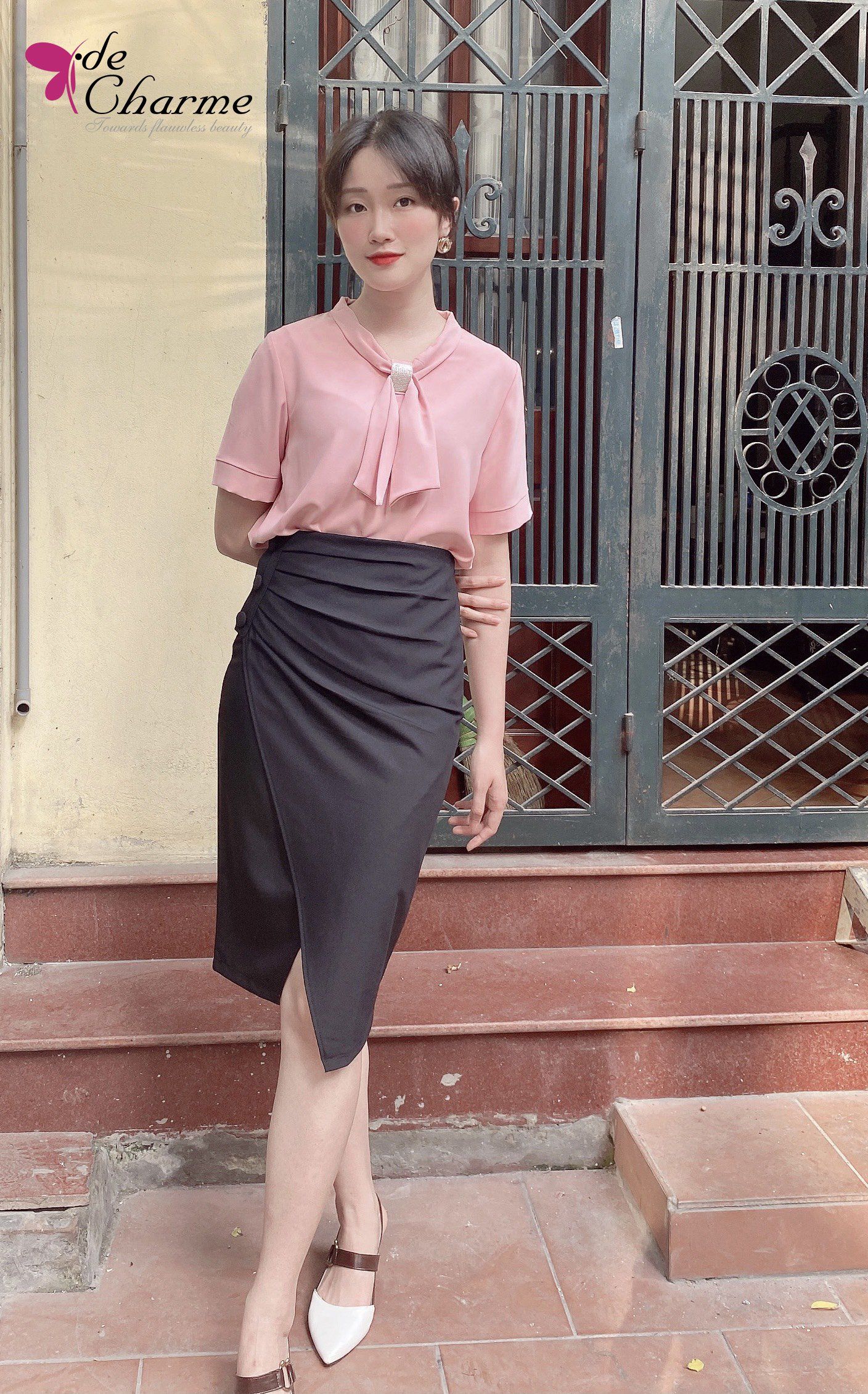Sơ mi cổ nơ đá - Hồng - S