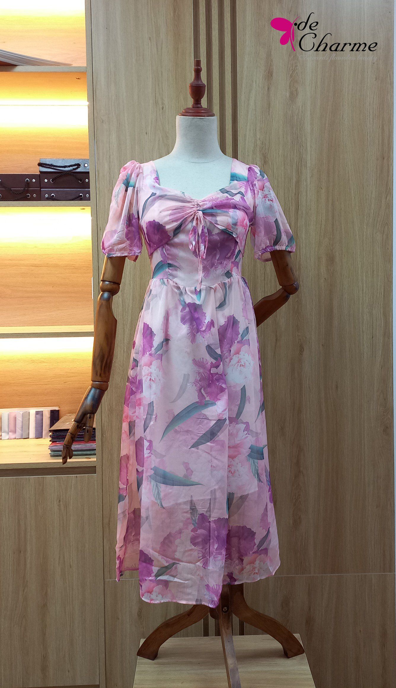 Đầm hoa voan tơ rút ngực - Hồng - M