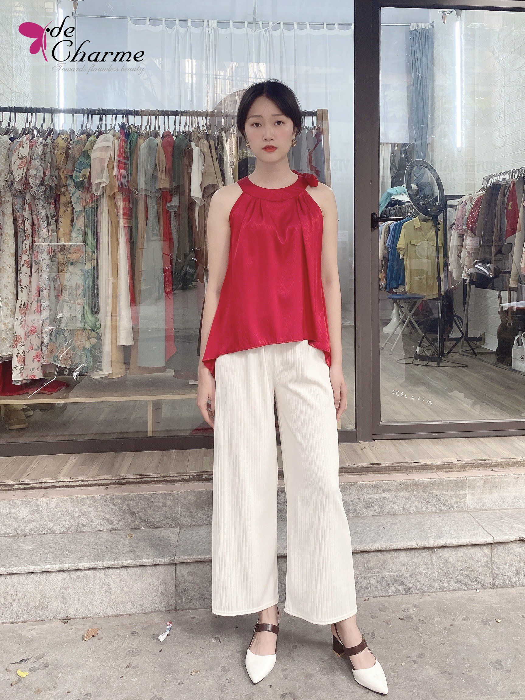 Áo yếm cổ thắt nơ - Đỏ - Free size