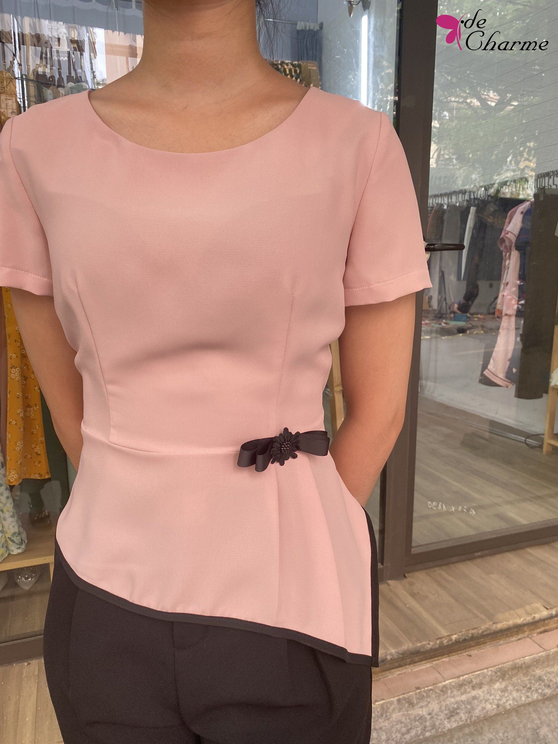 Sơ mi peplum vạt lượn - Hồng - L