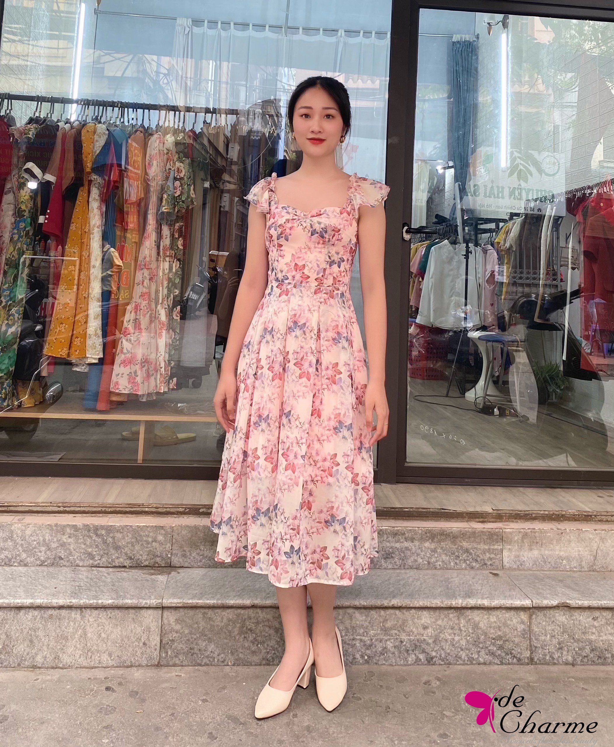 Đầm voan hoa xòe vai chun - Hồng - L