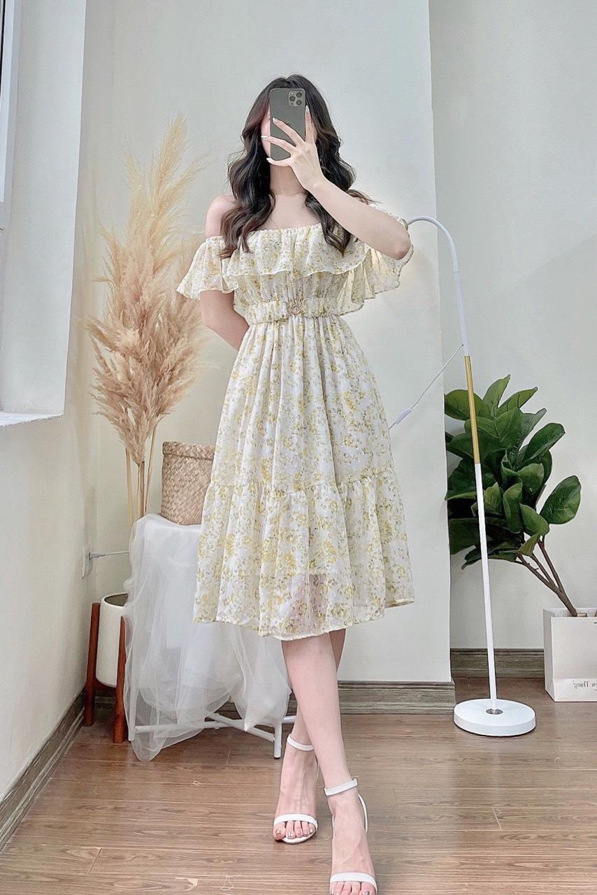Đầm đuôi cá trễ vai đai eo - Floral - S