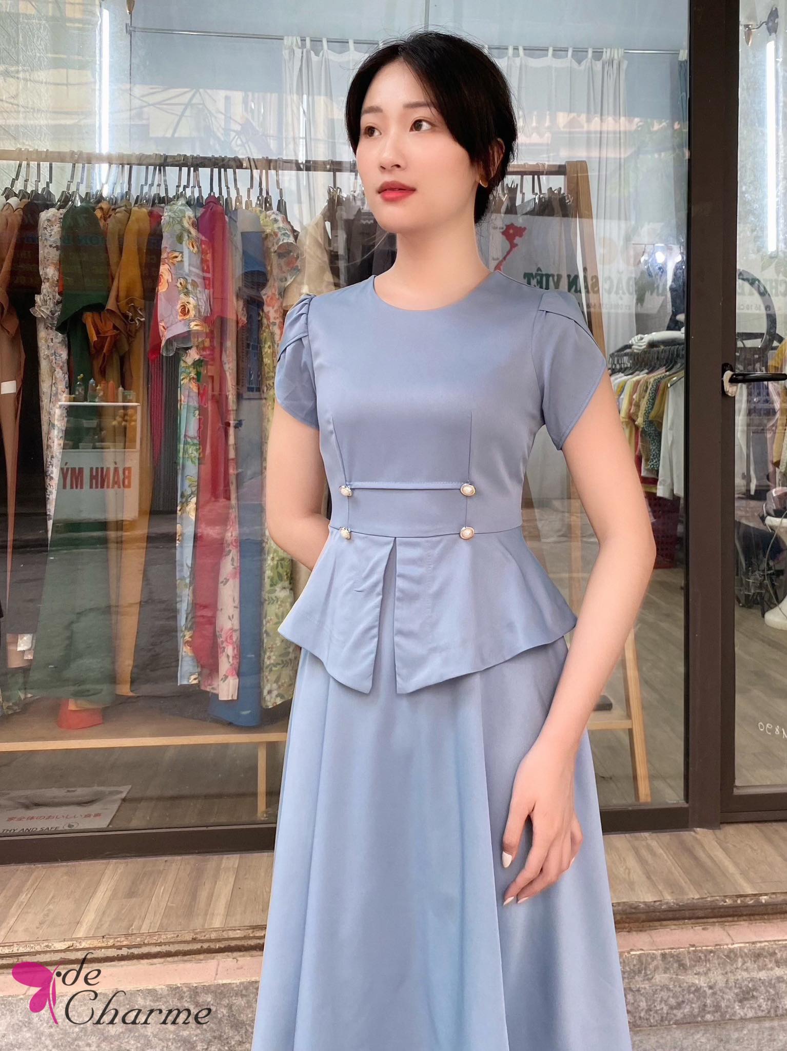 Đầm xòe peplum cài hoa - Xanh da trời - S