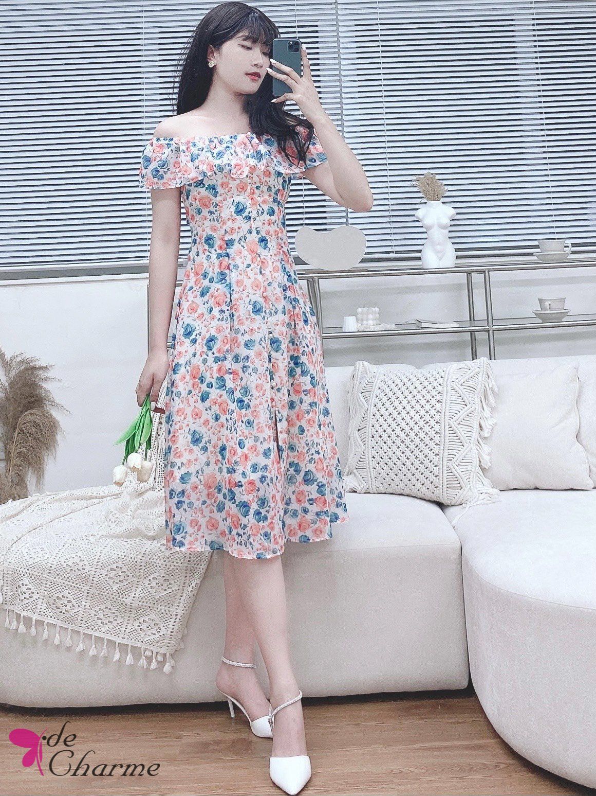 Đầm hoa xòe A vai chun đính ngọc - Hồng - L