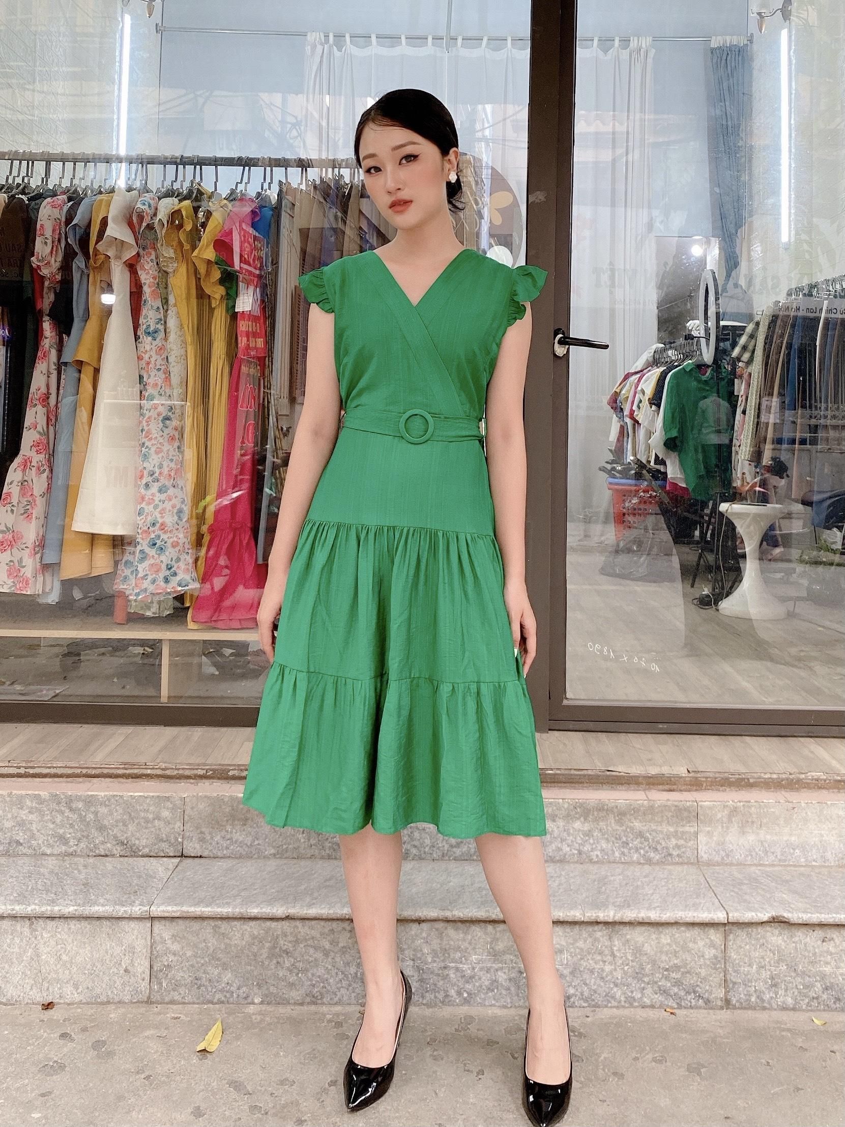 Đầm xòe tầng tay bèo đai eo - Xanh lá cây - S