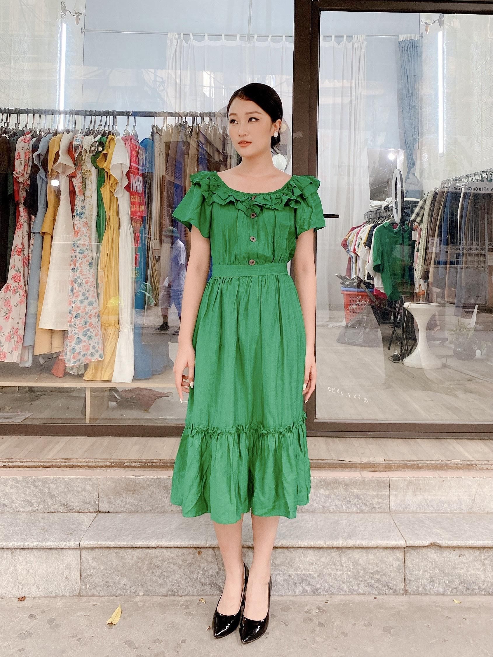 Đầm xòe vai chun bèo - Xanh lá cây - S