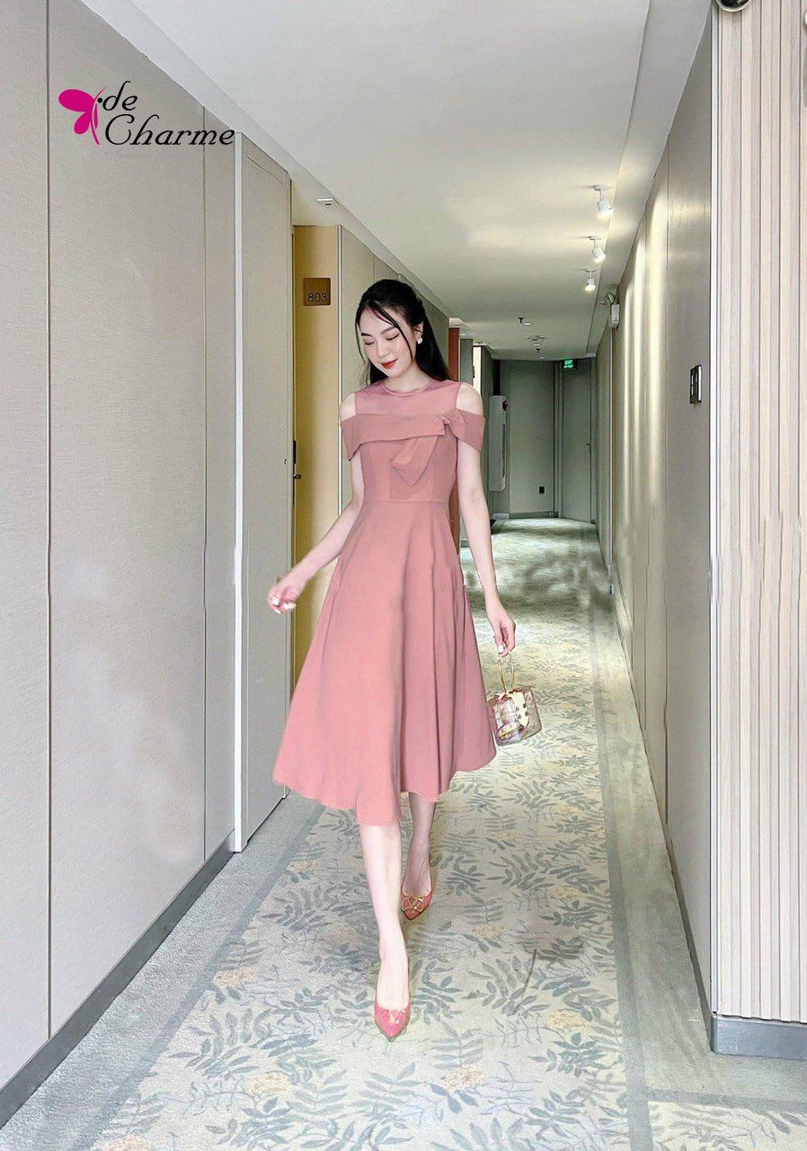 Đầm xòe phối lưới trễ vai - Hồng - M
