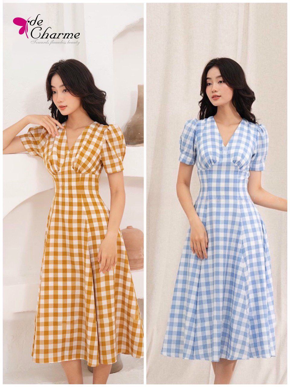 Đầm xòe caro bổ cúp ngực - Xanh da trời - M