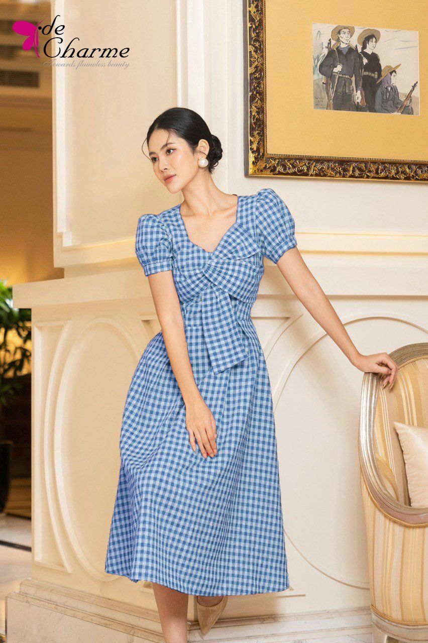 Đầm caro ngực nơ vắt tay bồng - Xanh da trời - L