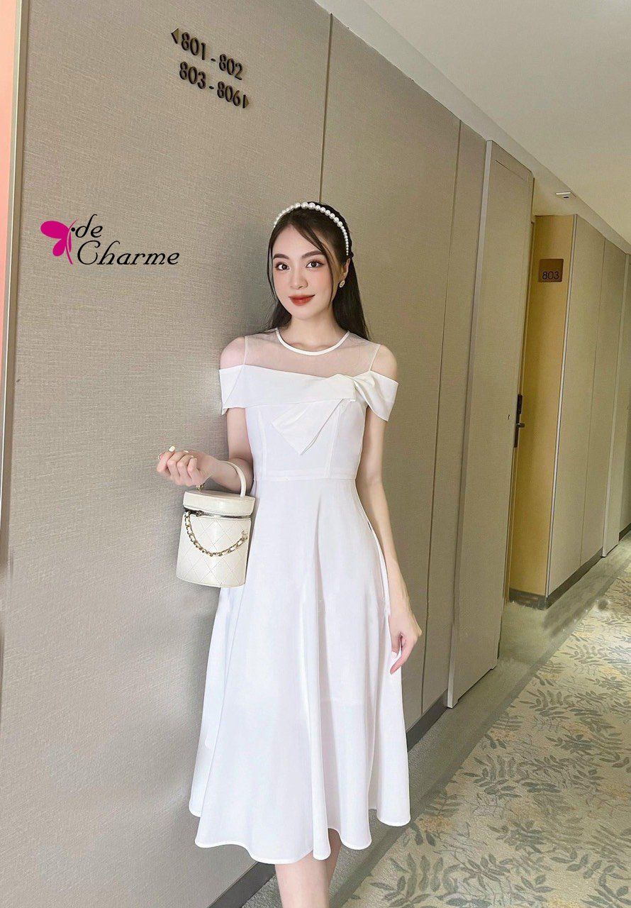 Đầm xòe phối lưới trễ vai - Trắng - S