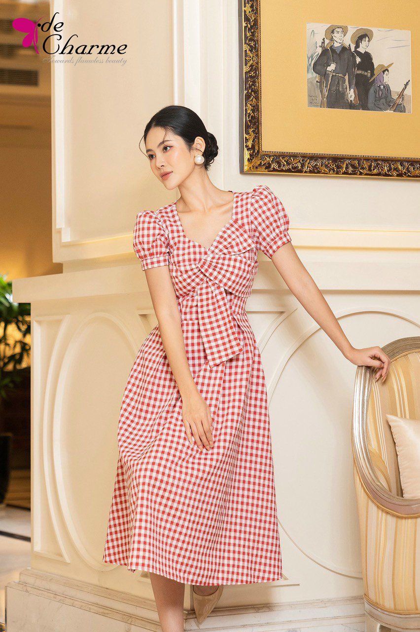 Đầm caro ngực nơ vắt tay bồng - Đỏ - S