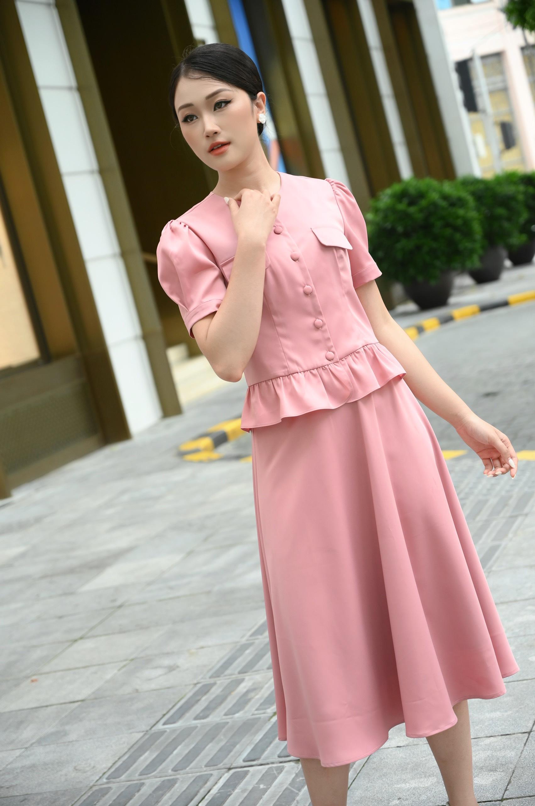 Áo peplum nhún bèo tay bồng - Hồng - S