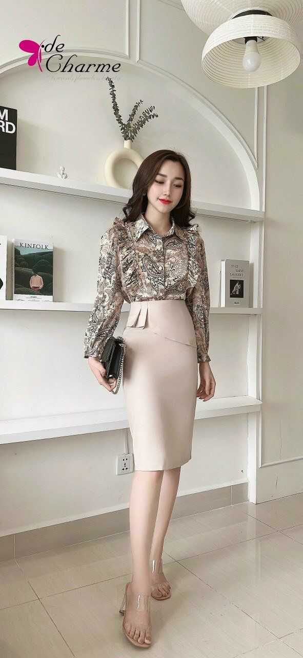 Sơ mi lụa họa tiết vai phối bèo - Họa tiết - S