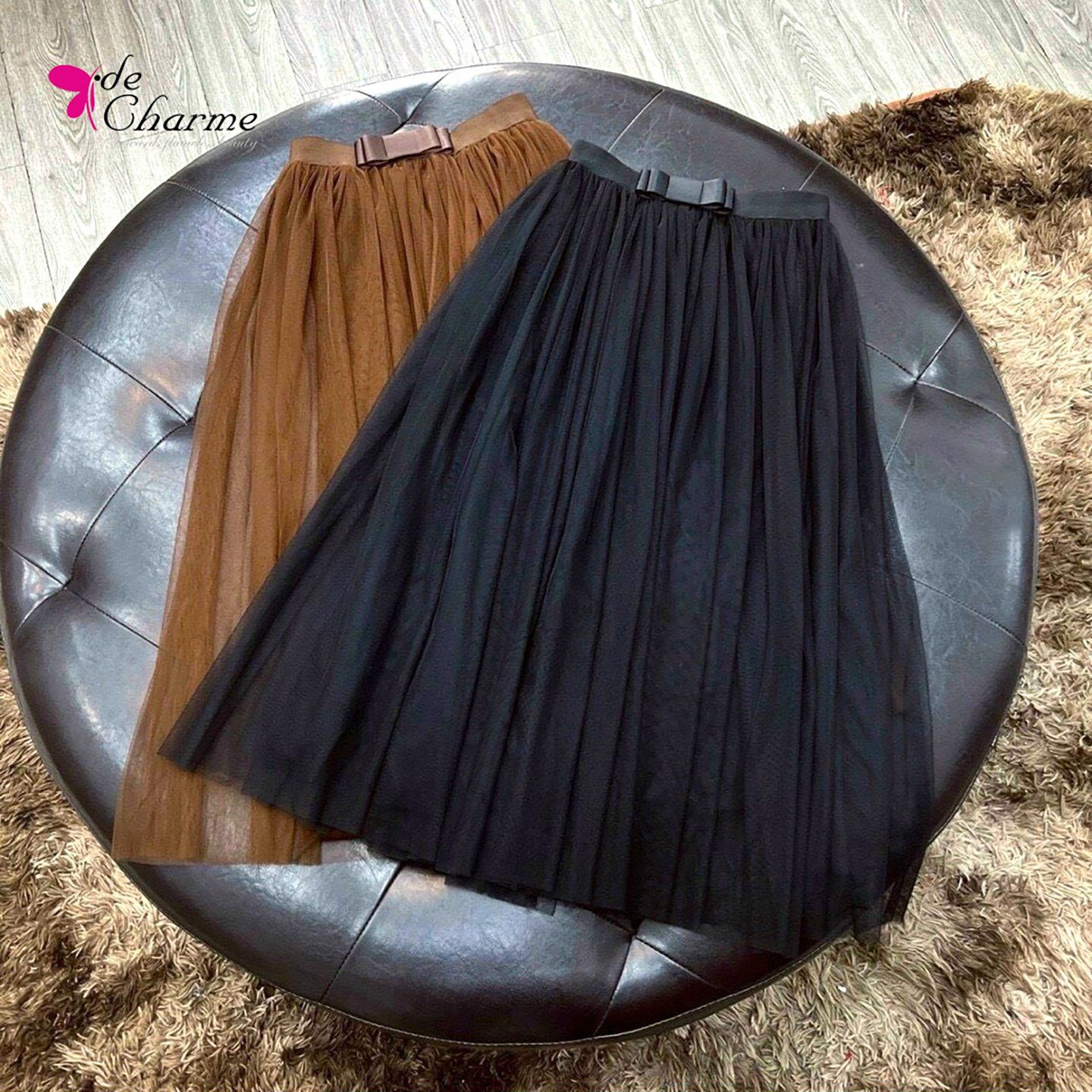 Chân váy voan dập ly cạp nơ - Đen - Free size