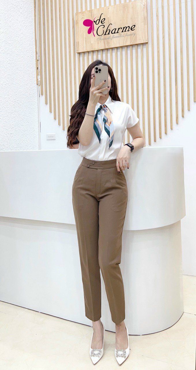 Quần baggy cạp nhê lệch 2 cúc - Nâu - S