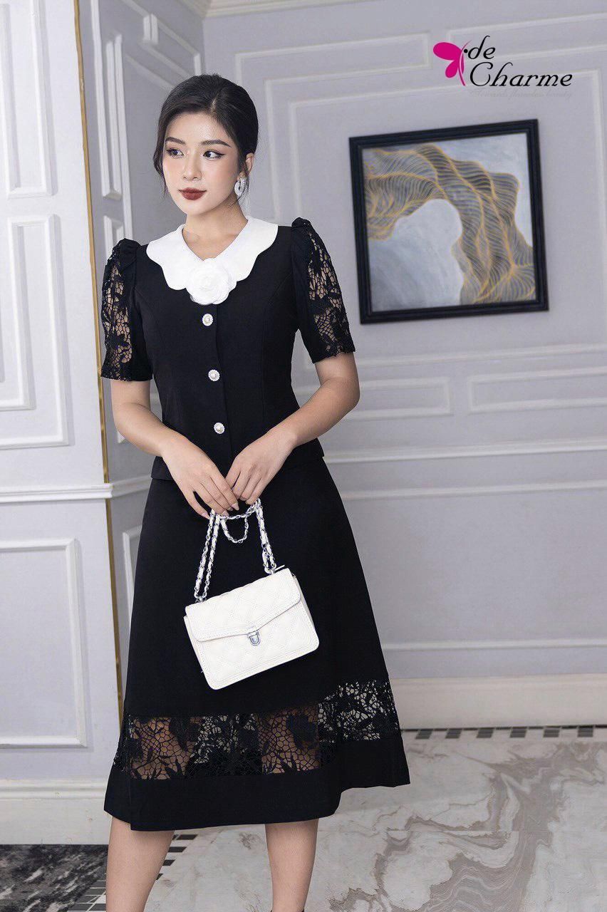 Set áo cổ sen lượn chân váy A phối ren - Đen - M