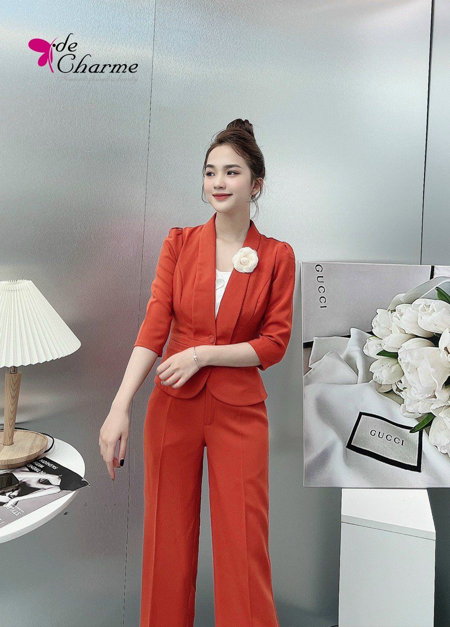 Set áo vest cổ ve liền + quần ống sớ - Cam - L