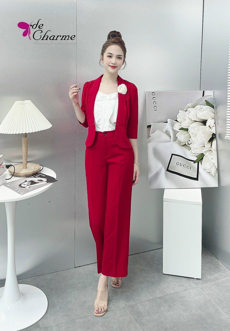 Set áo vest cổ ve liền + quần ống sớ - Đỏ - M