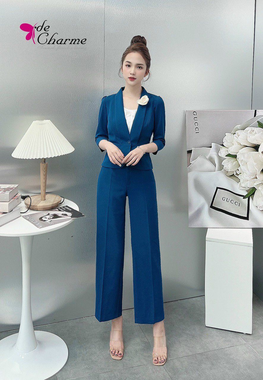 Set áo vest cổ ve liền + quần ống sớ - Xanh navy - M