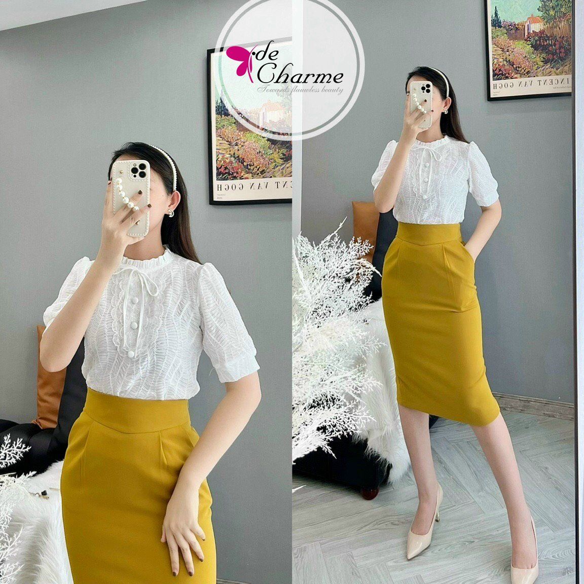 Chân váy bút chì cạp bổ V - Vàng - M