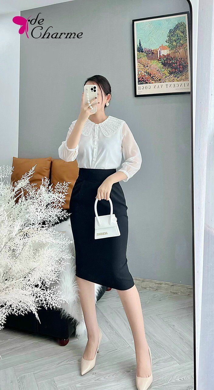 Chân váy bút chì cạp bổ V - Đen - L