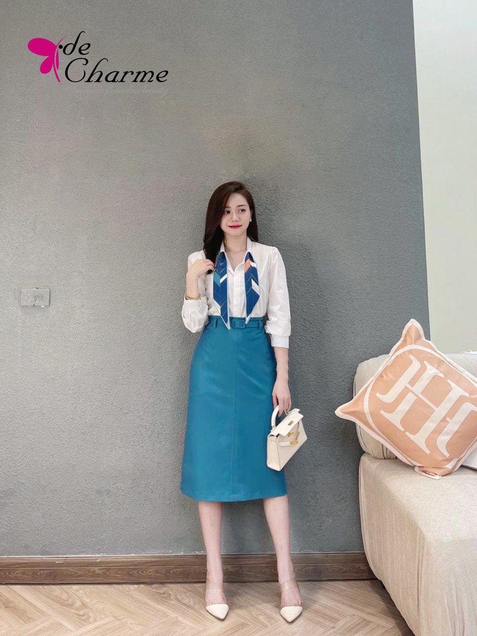 Chân váy ôm A đai rời bọc vải - Xanh cổ vịt - L