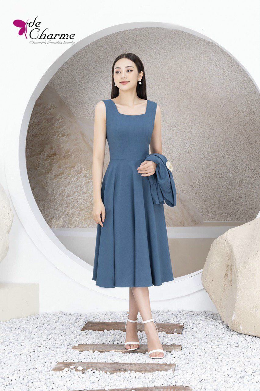 Set áo vest lửng + đầm xòe sát nách - Xanh da trời - M