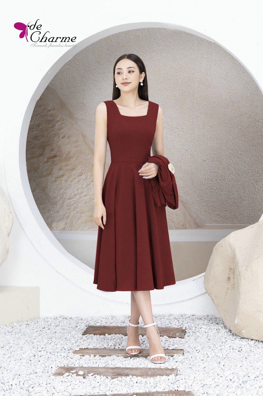Set áo vest lửng + đầm xòe sát nách - Đỏ - M