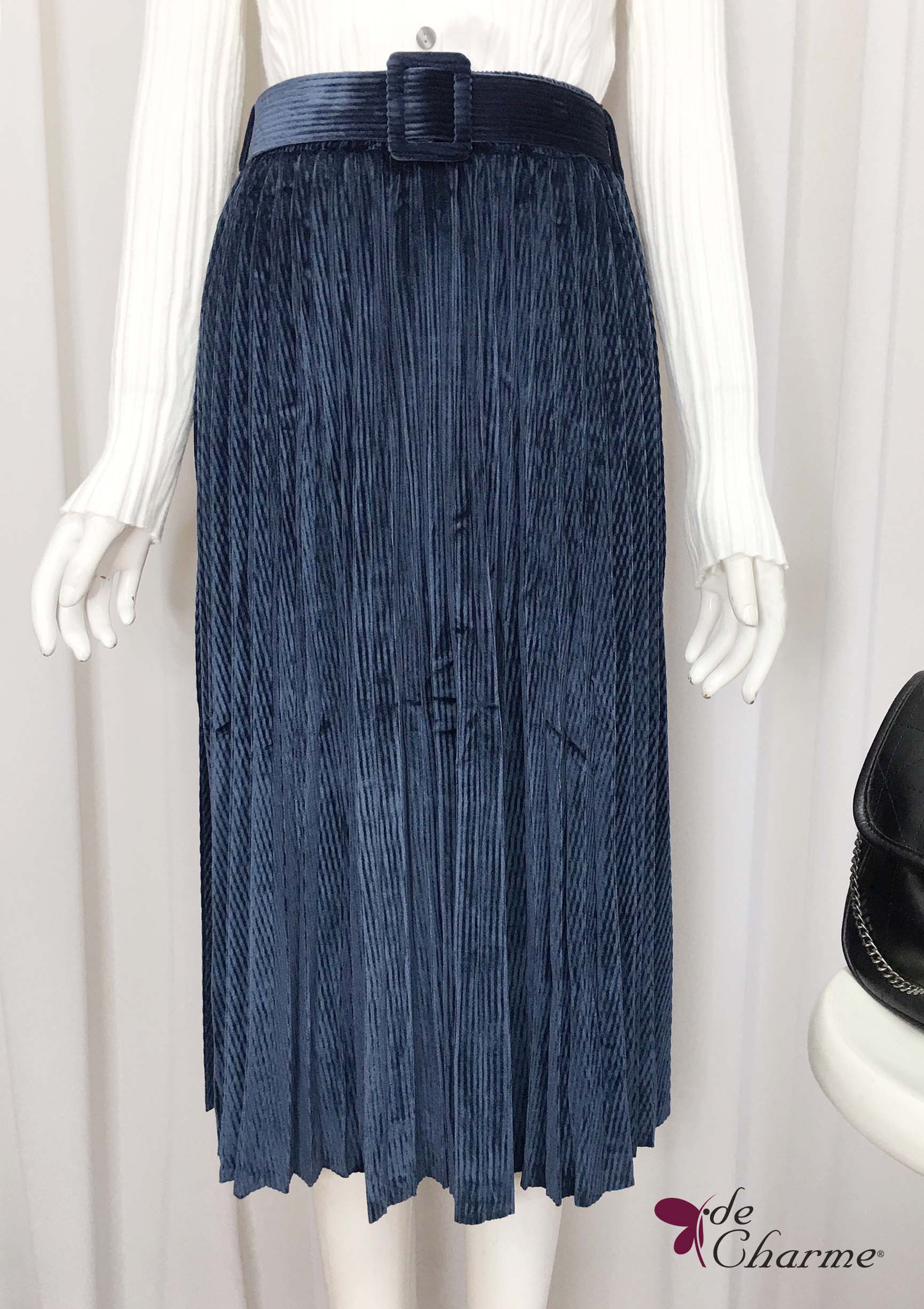 Chân váy nhung dập ly đai vuông - Xanh navy - Free size
