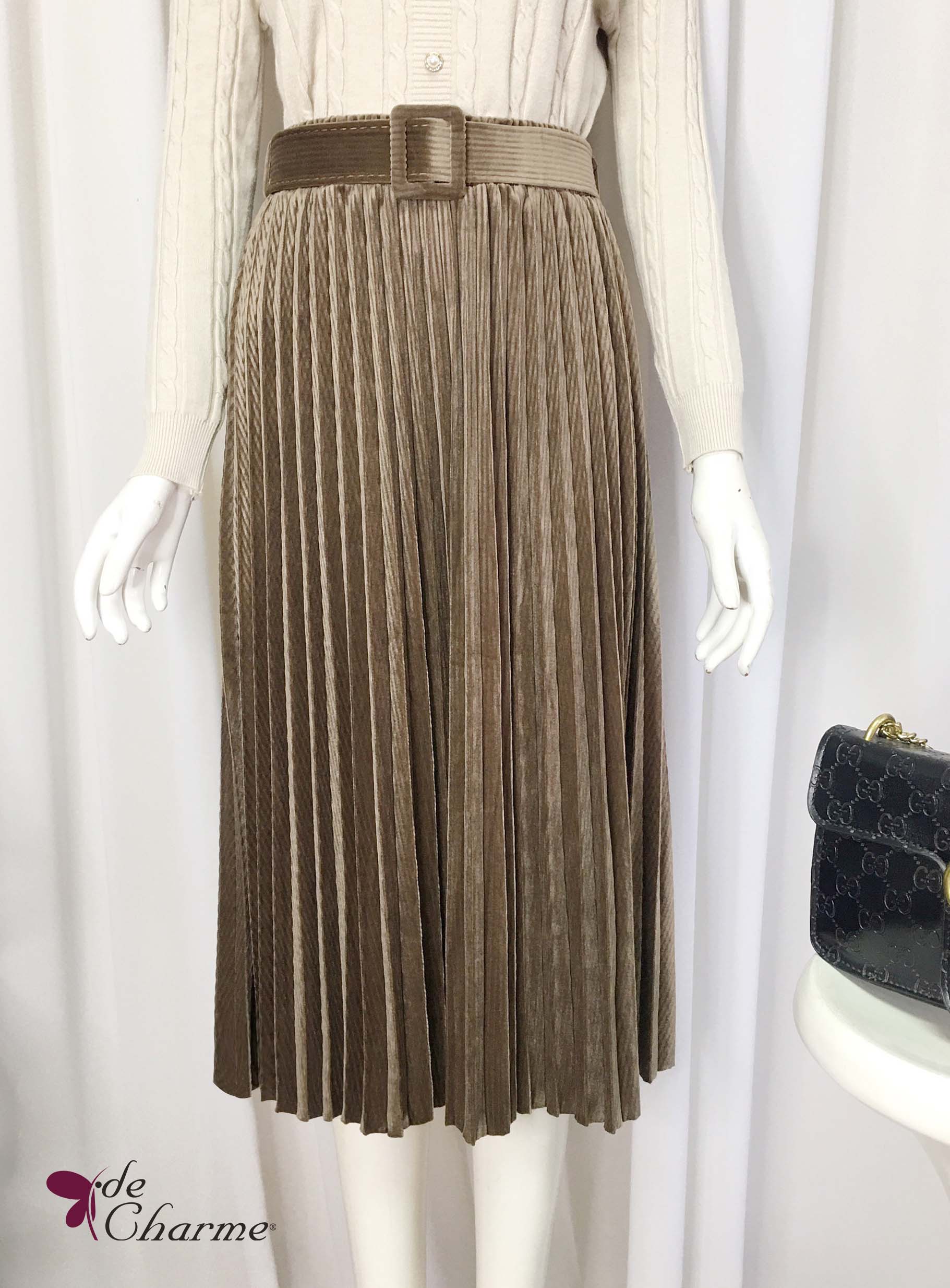 Chân váy nhung dập ly đai vuông - Camel - Free size