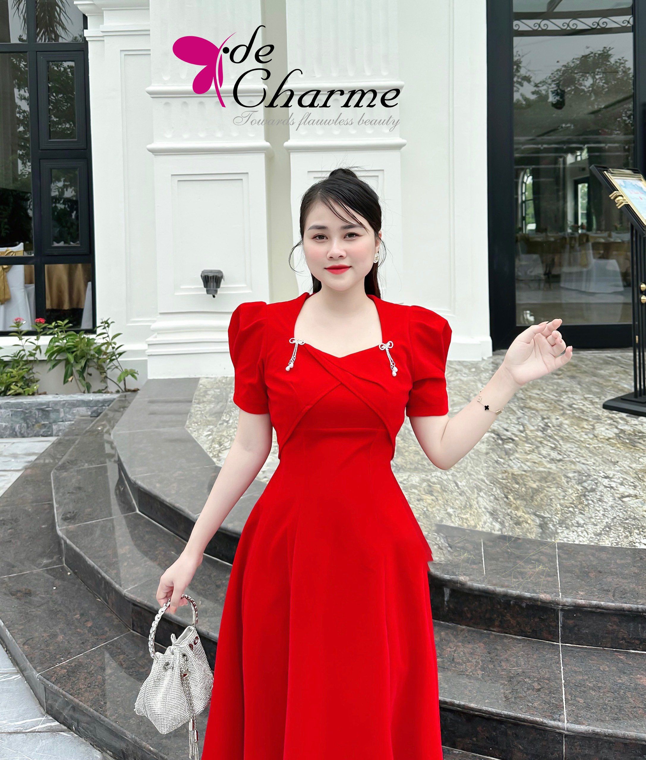 Jin Song Mùa hè kiểu Pháp tay phồng váy xẻ giữa dài ngang lưng với cổ vuông  và chiếc váy trắng mỏng manh màu đỏ - Váy eo cao 🆘 Kho Hàng