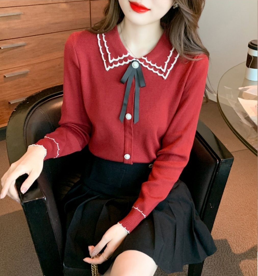 Áo len cổ 2 tâng lượn sóng - Đỏ - Free size