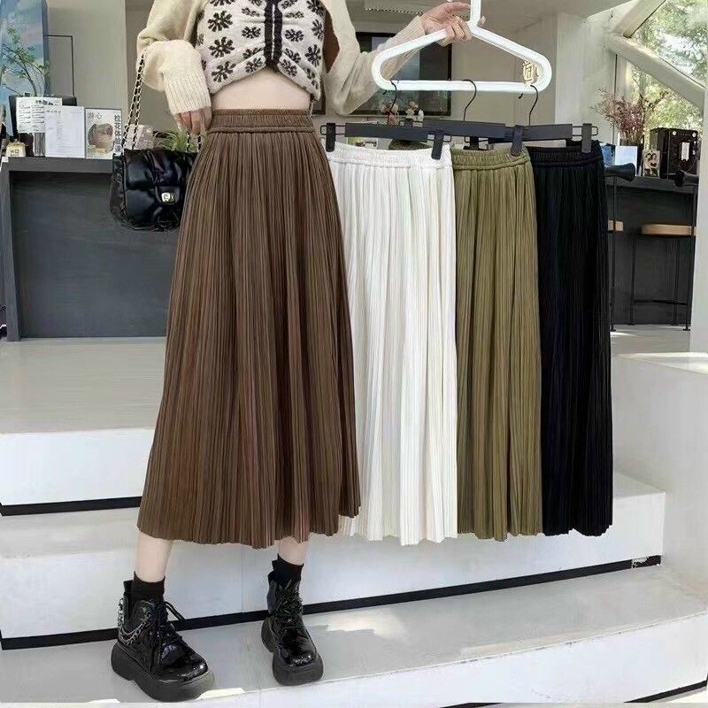 Chân váy nhung dập ly cạp chun - Nâu - Free size