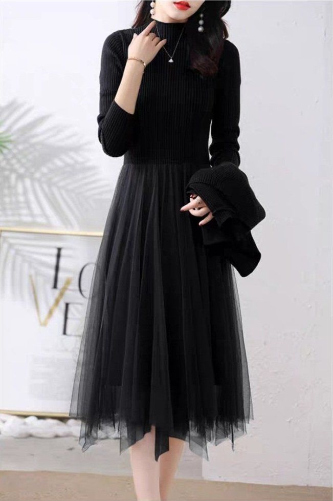 Set đầm len chân voan + áo gile - Đen - Free size