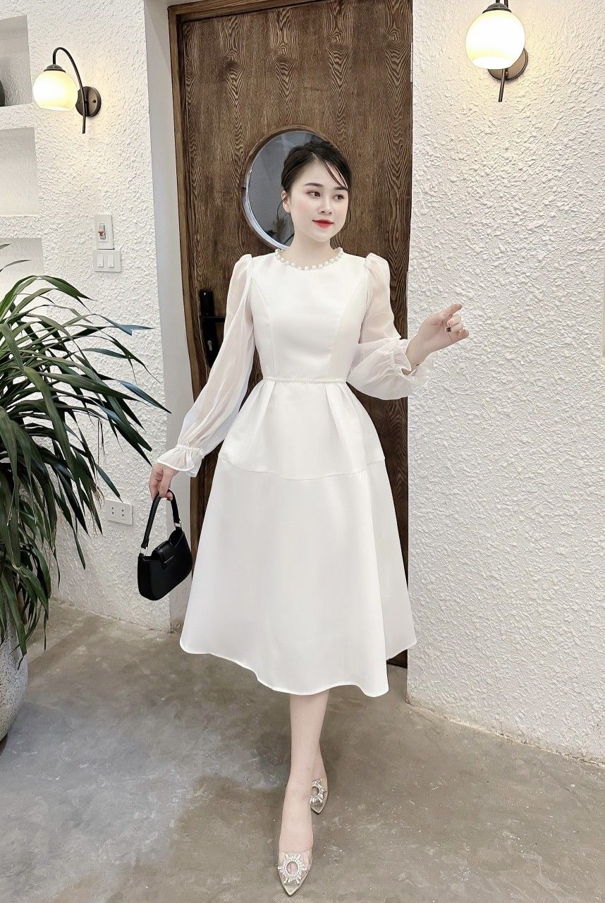 Đầm xòe tay orgaza cổ đính trai - Trắng - L