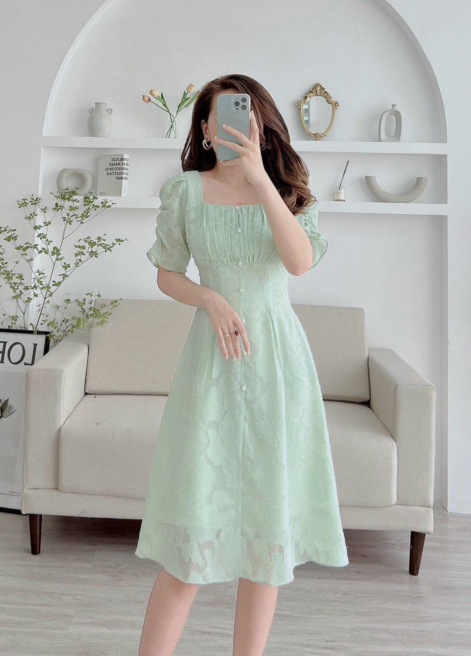 Đầm voan tơ ép xếp mí ngực - Xanh lá cây - S