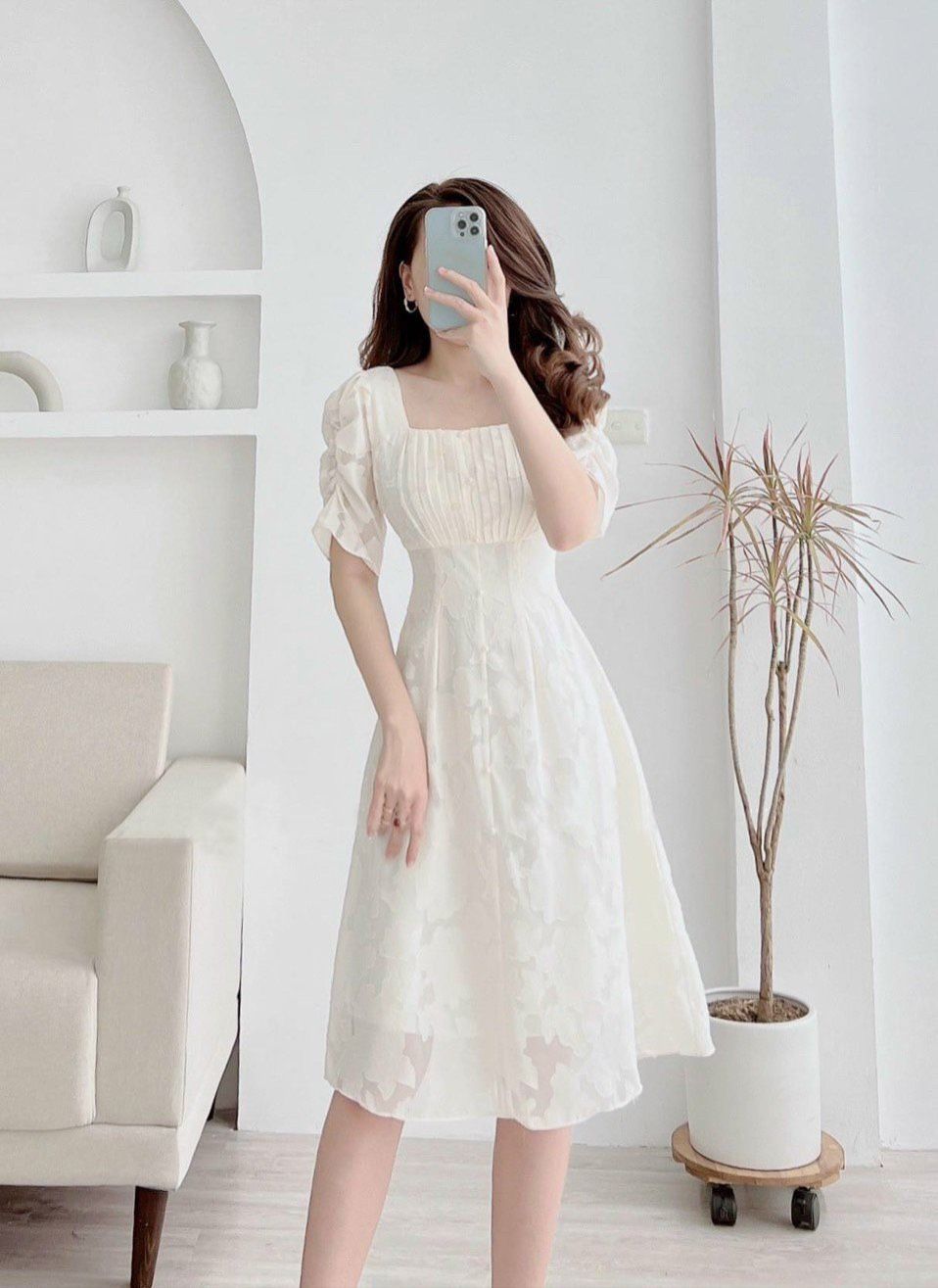 Đầm voan tơ ép xếp mí ngực - Be - M
