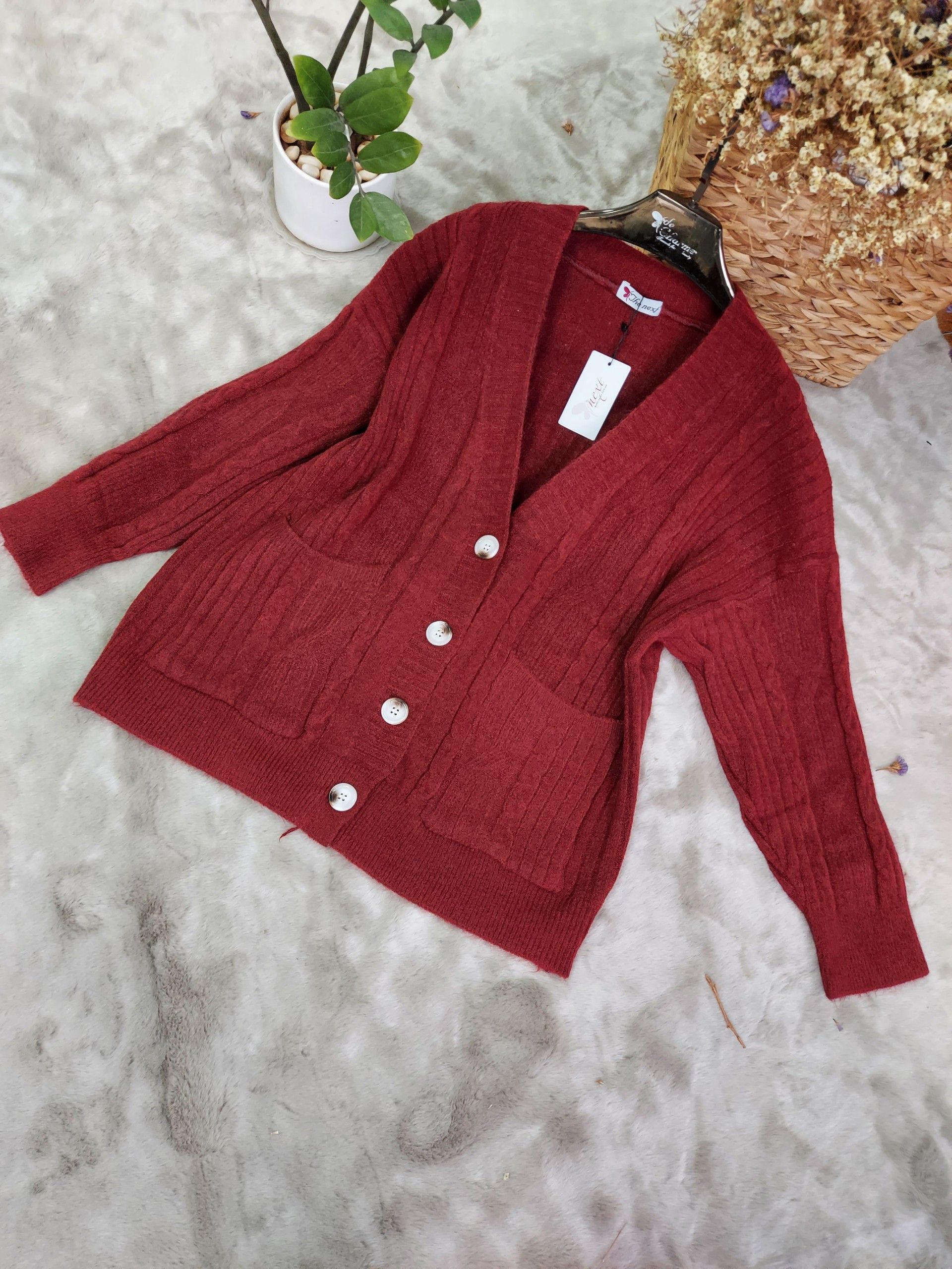 Áo cadigan vặn thừng 2 túi trước - Đỏ - Free size