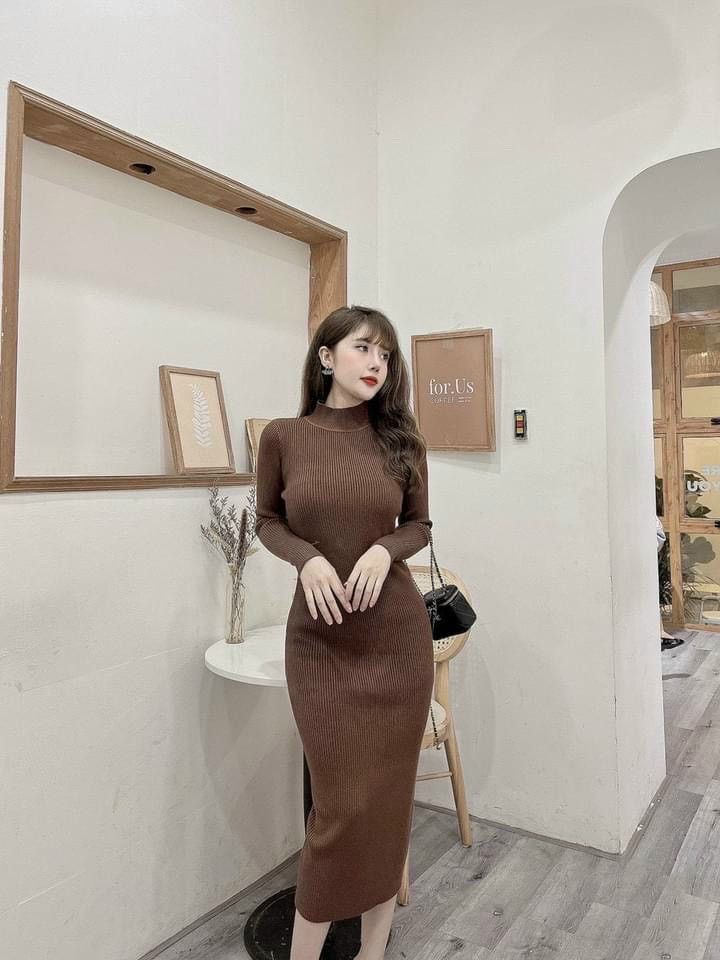 Đầm len body cổ 3F - Nâu - Free size