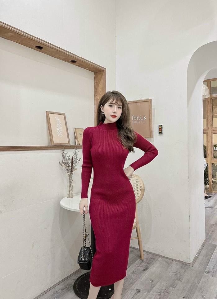 Đầm len body cổ 3F - Đỏ - Free size