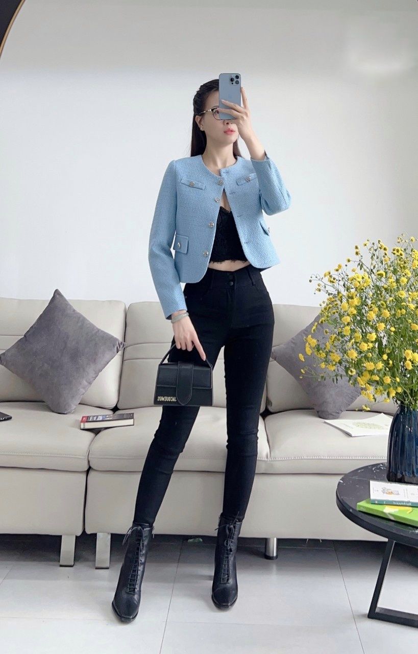 Vest dạ tweed túi cơi khuy đá - Xanh da trời - L