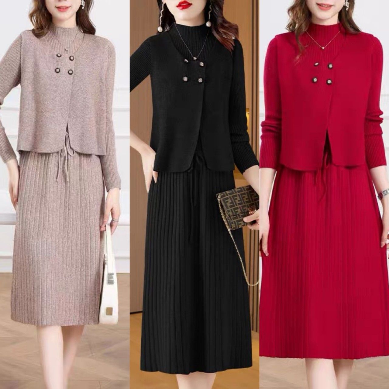 Set đầm len dây rút + áo gile 4 cúc - Đen - Free size