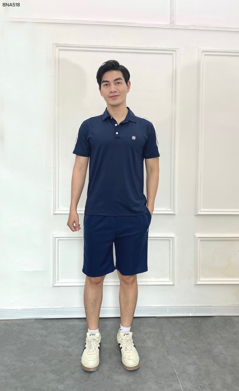 Bộ nam cổ polo phối 2 sọc logo cao su ngực
