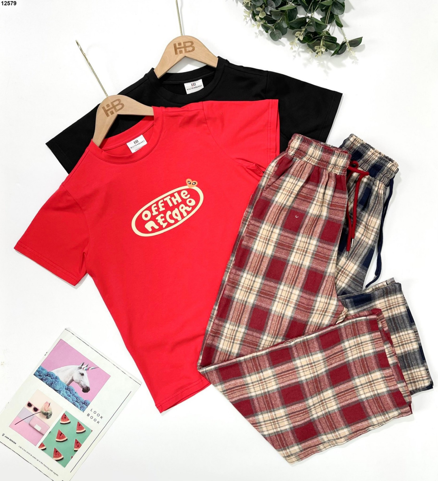 Bộ cotton in ngực Offthe quần kẻ 3 màu